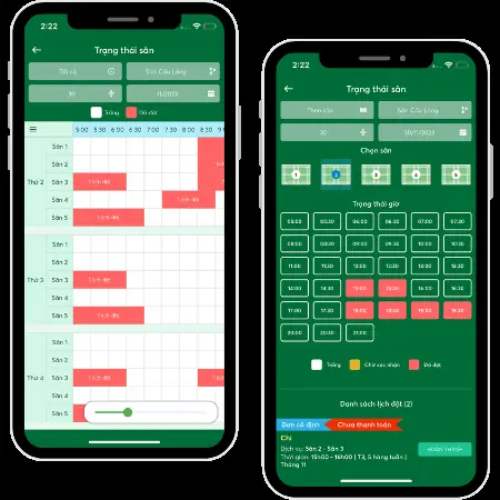 đặt sân pickleball online và giá thuê giao diện chọn giờ trên ứng dụng đặt sân