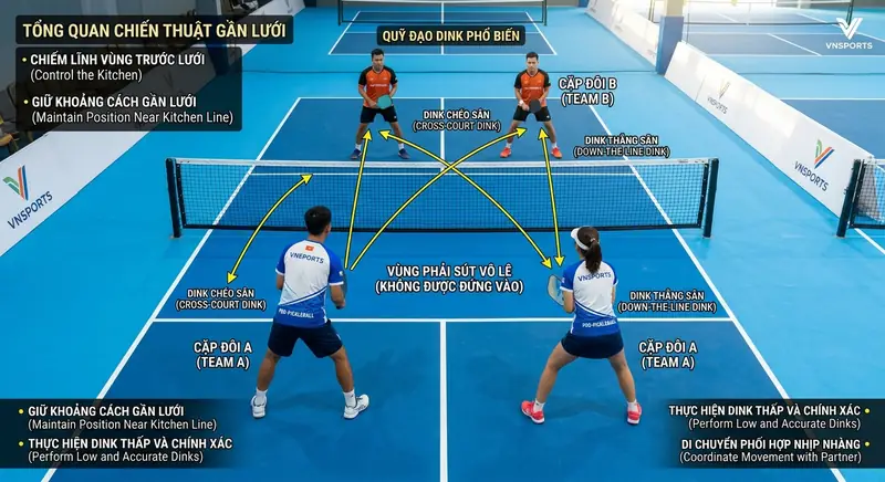 Vạch Kẻ Sân Pickleball: Chiếm Lĩnh "Kitchen" Để Thắng Lớn! 2 vạch kẻ và khu vực kitchen trên sân pickleball người chơi pickleball di chuyển